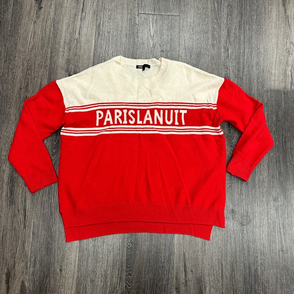 Maje 100% Wool Crewneck Oversized Red Color Blocked Sweater Size 2 (US M)